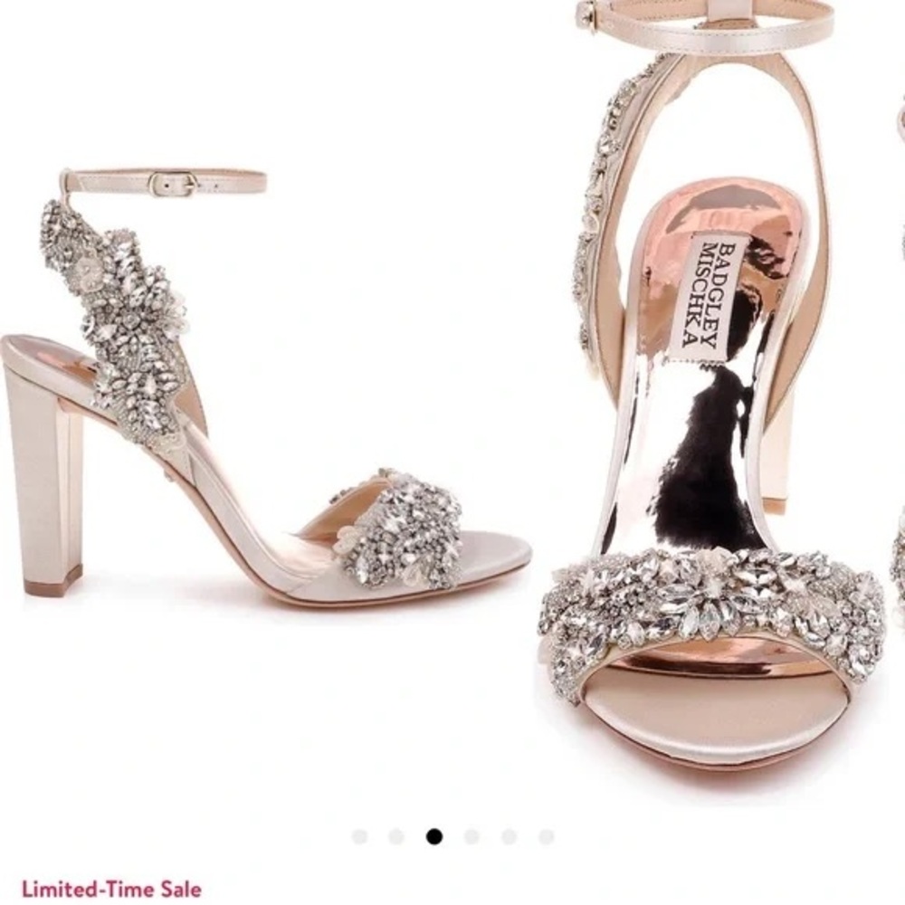 Badgley Mischka Women's ivory satin Silver rhinestone Embellished 3.5 inch Heels